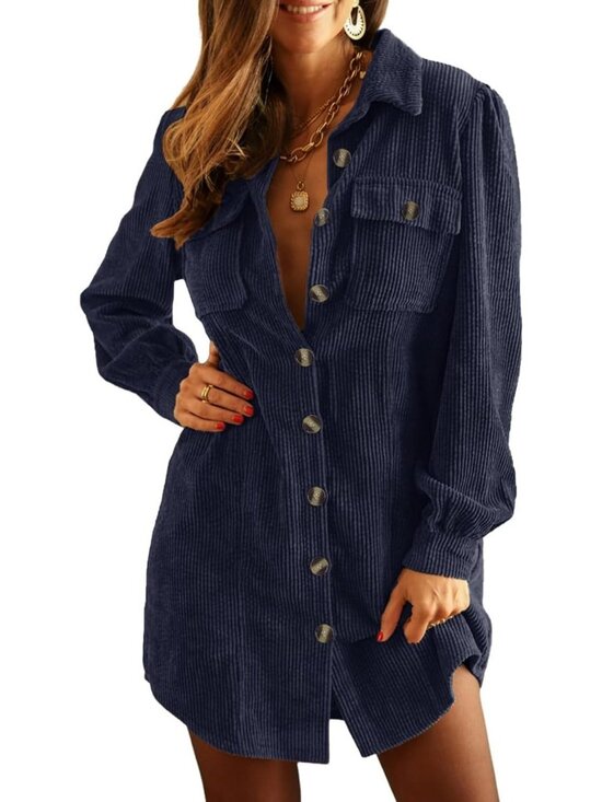 Dresses & Skirts - Chic Women's Corduroy Long Sleeve Button-Up Tunic Dress - Perfect for Work